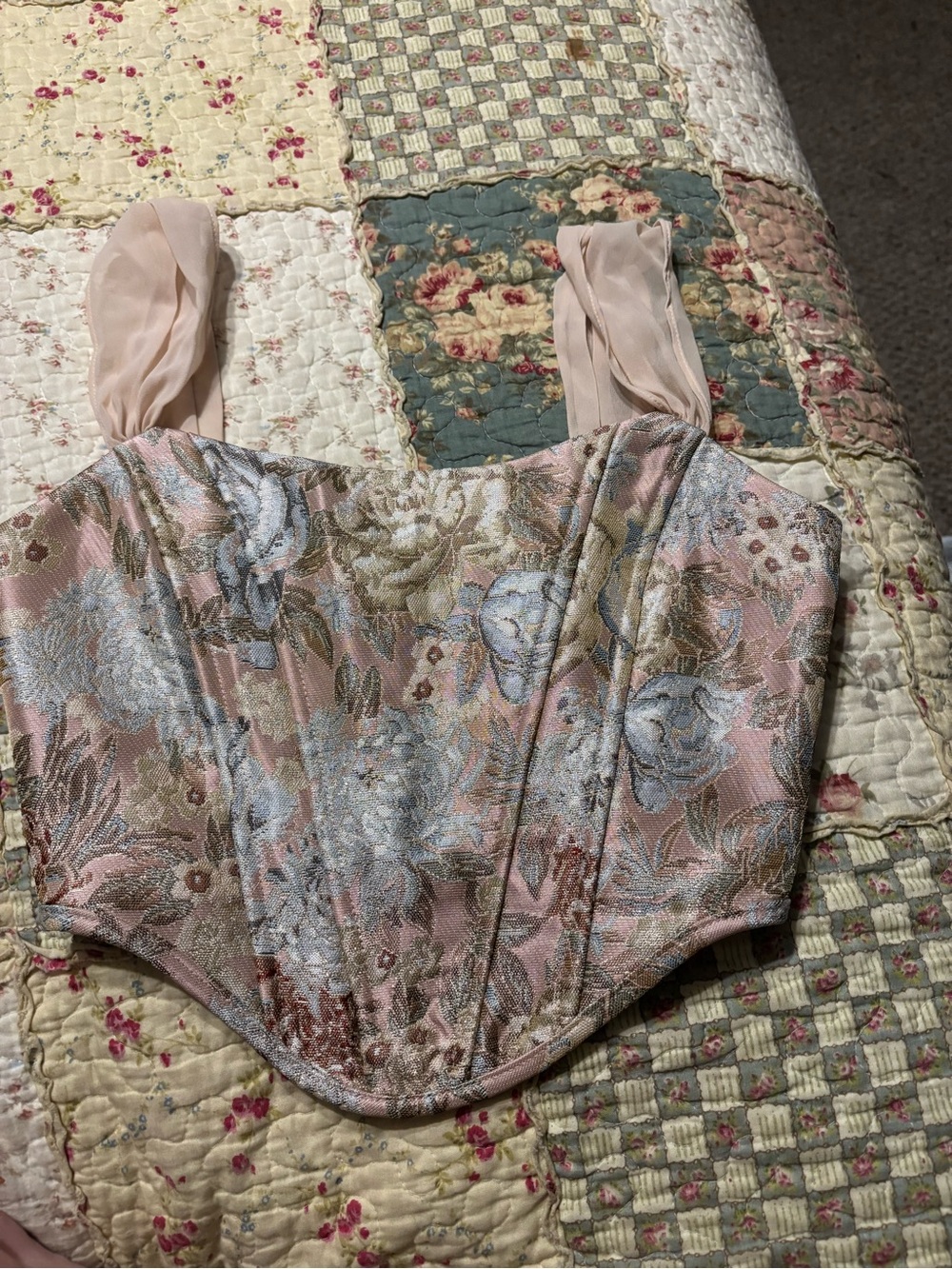 Altar'd State Pink and Blue Floral Jacquard Bustier Crop Top